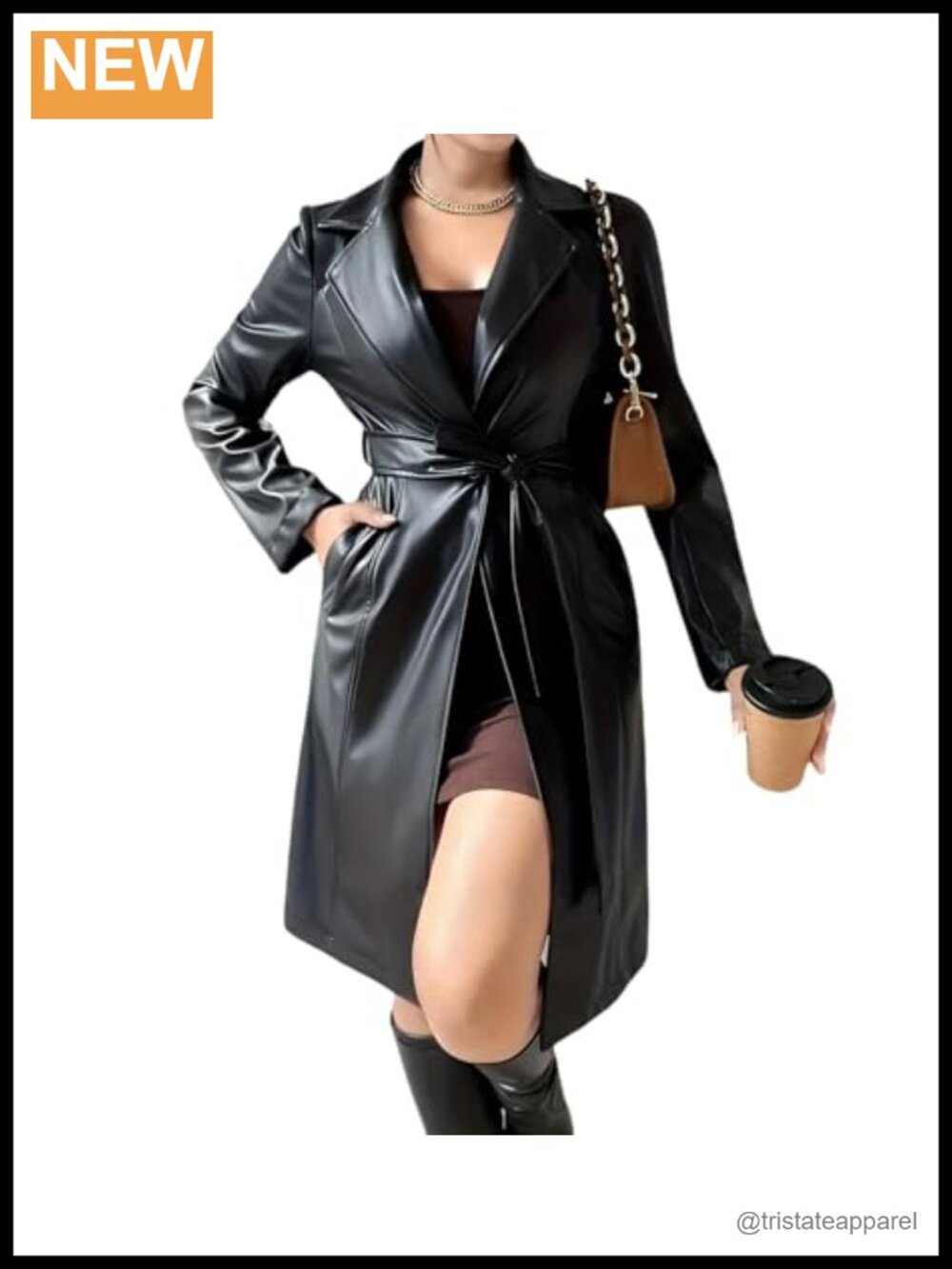 Women's PU Leather Long Trench Coat Motorcycle Biker Jacket with Belt